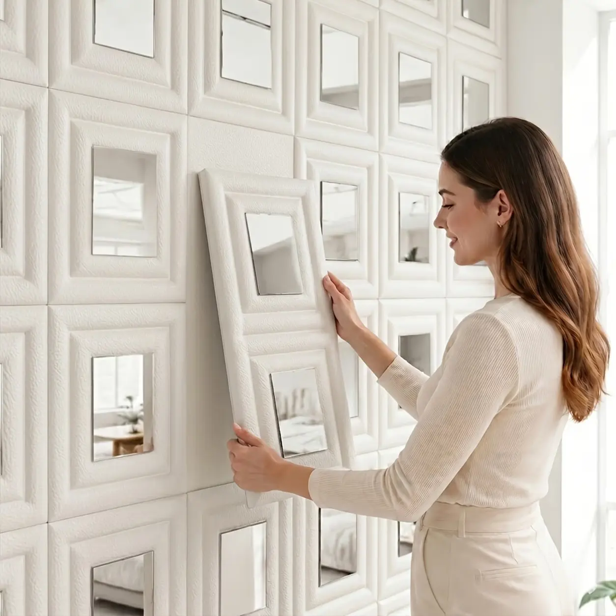 5-Piece Thickened 12mm Self-Adhesive Wall Panels, Luxury Acrylic Mirror Wallpaper, Artificial Leather, Easy Install, Removable, for Living Room, Bedroom, Bathroom