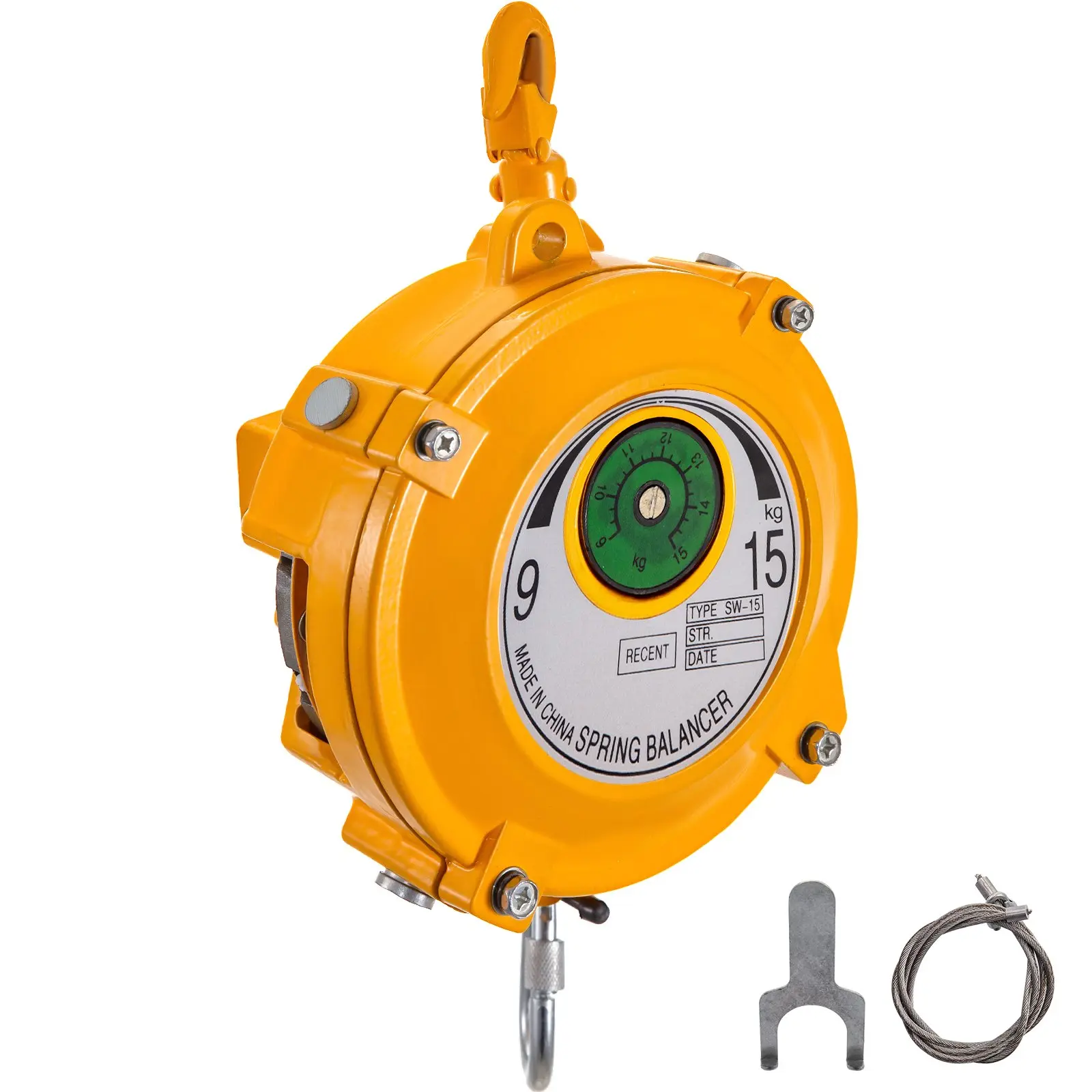 VEVOR Steel Spring Balancer, 20-33lbs(9-15kg) Retractable Tool Holder with Hook Handle, 1.5m Wire Rope Grip, Self-Lock Buckles, Adjustable Retractor Hanging Equipment (Yellow)