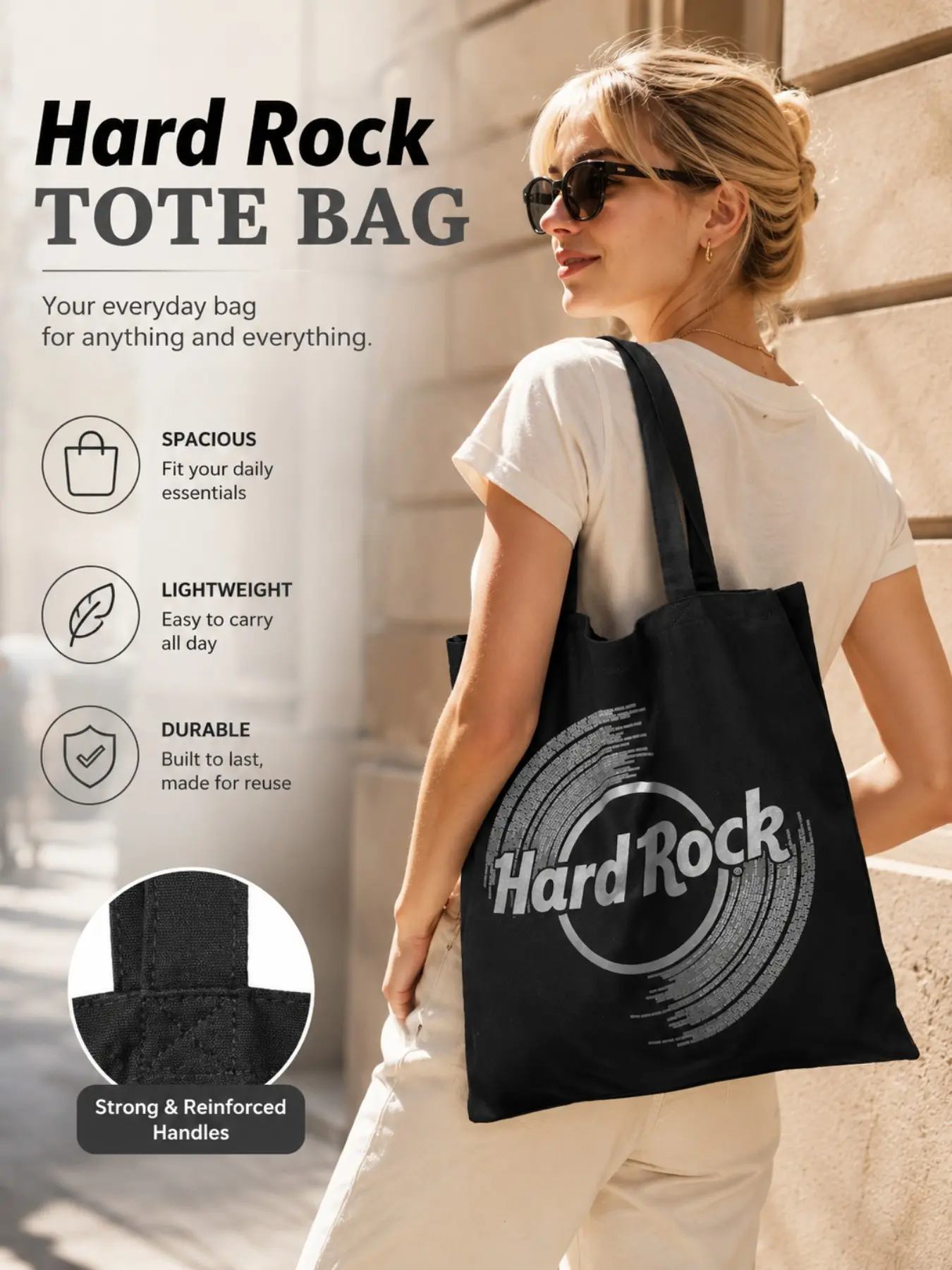 Large Capacity Foldable Lightweight Durable Reusable Eco-Friendly Shopping Commute Bag, Hard Rock Print Nylon Tote, Perfect Gift