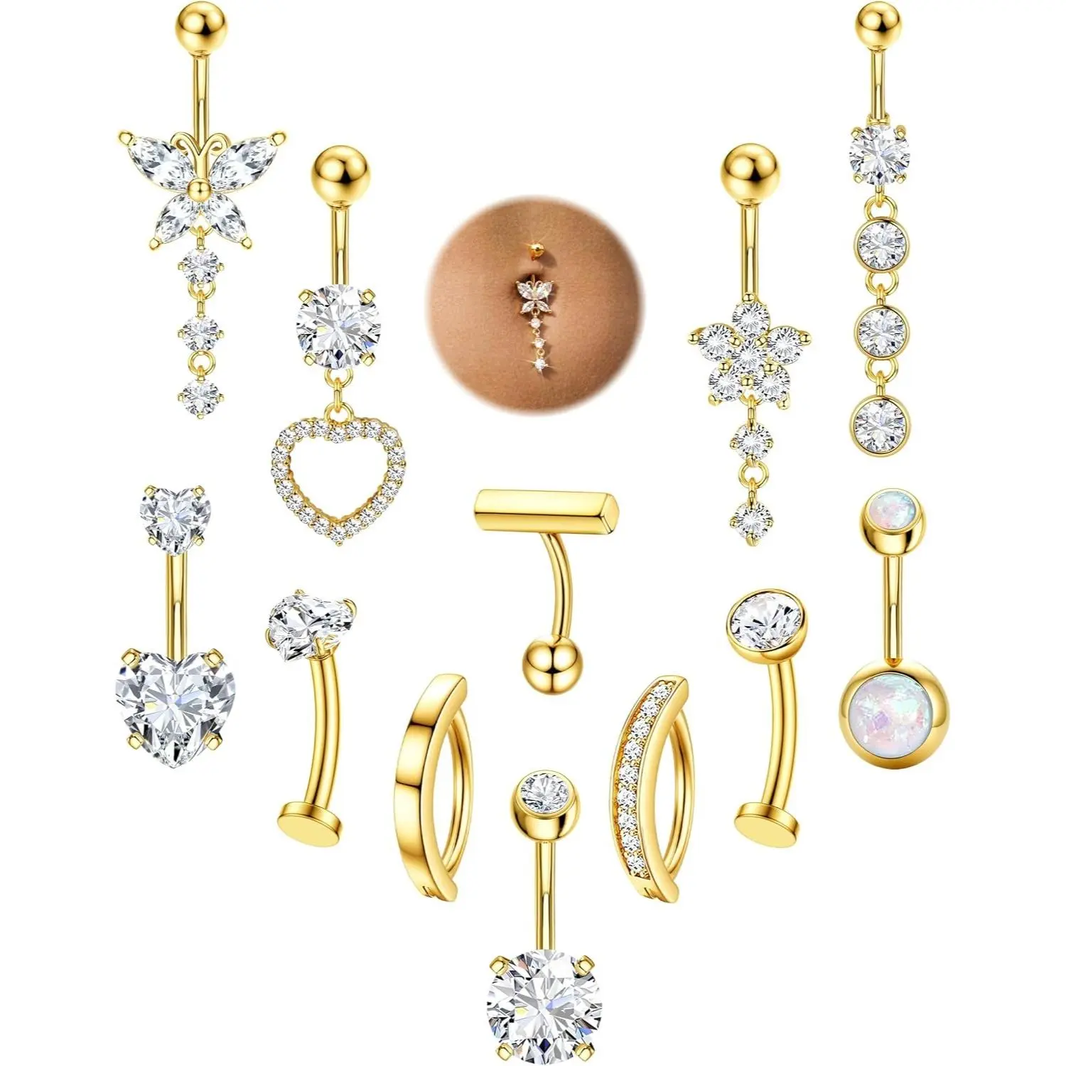FIASASO 12 Pcs Gold Belly Button Ring Dangle Hypoallergenic Surgical Stainless Steel Belly Rings for Women CZ Pearl Heart Butterfly Flower Navel Piercing Jewelry Floating Clicker Dangly Curved Navel Ring
