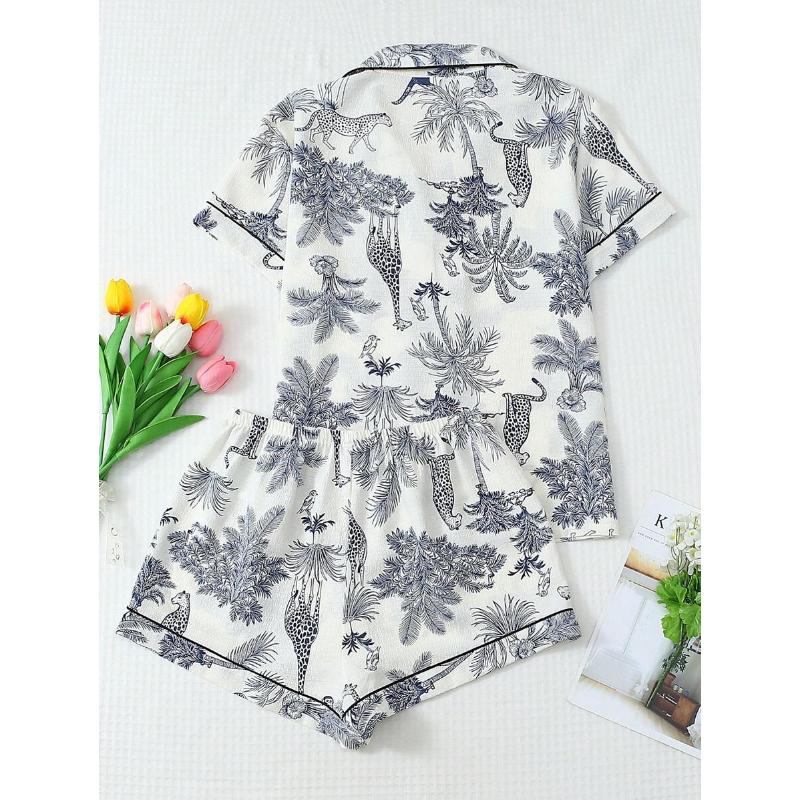 2pcs Soft Palm Tree & Giraffe Print Lapel Button Short Sleeve Top With Pocket And Bowknot Shorts Pajama Set, Women Loungewear For Home Wear, Spring & Summer Fabric Fit rave outfit 90s graphic tees office outfits women ibiza outfits women's summer outfits