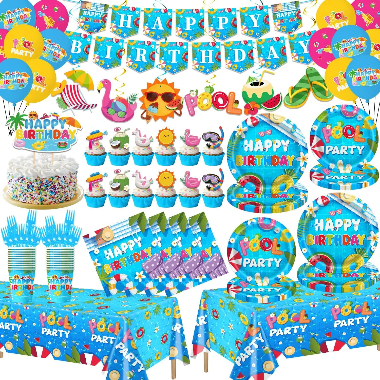 136Pcs Pool Birthday Party Decorations Set - Complete Supplies with Banner, Balloons, Tableware, Cake & Cupcake Toppers, Hanging Swirls for Hawaiian Summer Party