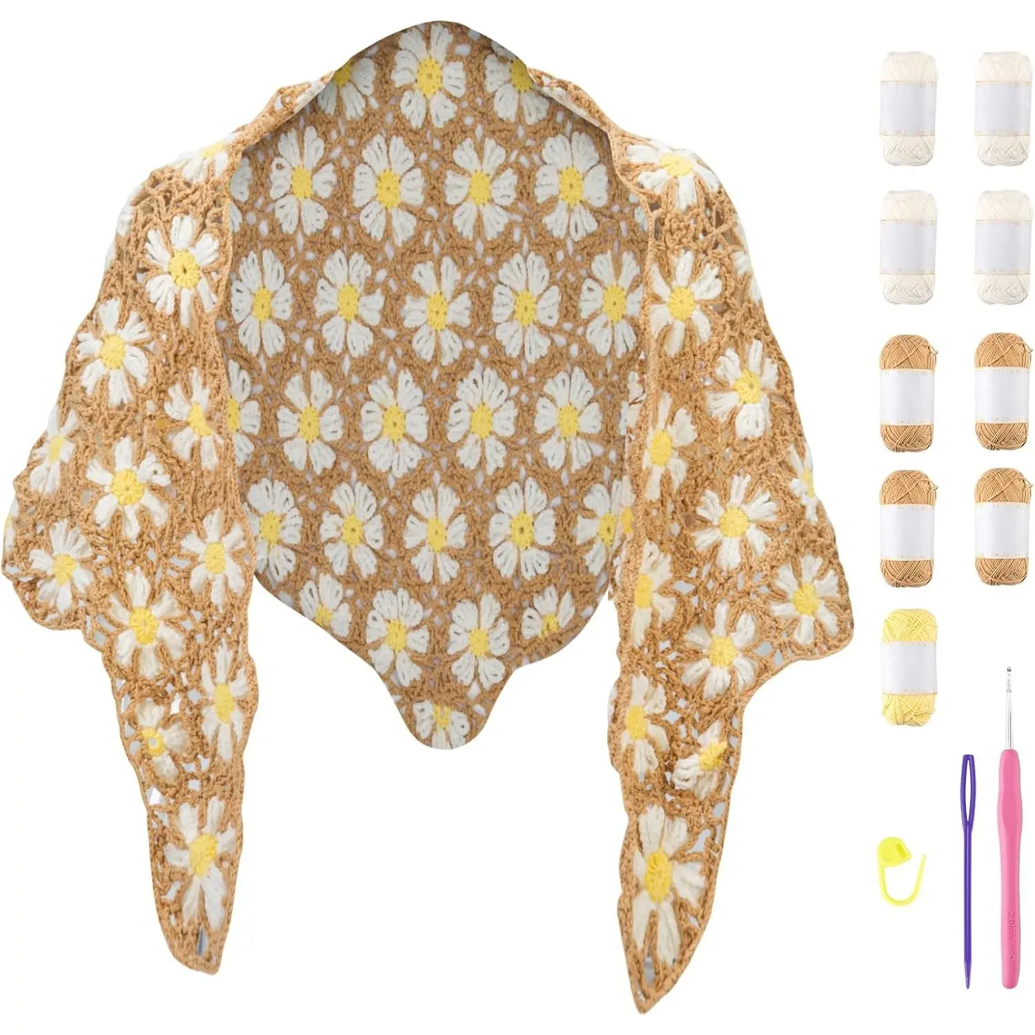 Crochet Kit for Intermediate or  Levels, Complete Craft Kit for a Floral Daisy Shawl with Step by Step Video Tutorials Detailed Instructions,  Holiday  or DIY Project (Khaki)