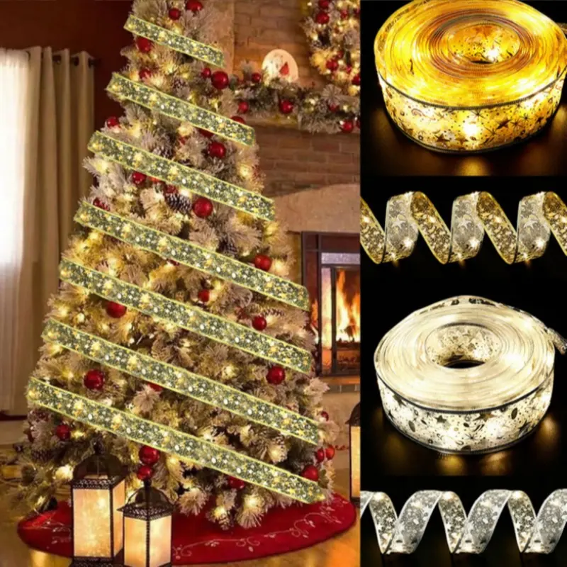Christmas Ribbon Fairy Lights 30/40/50/100 LED String Lights Battery Operated 2In Gold Foil Ribbon with Warm White Twinkle Firefly Lights Indoor Starry Holiday Decoration for Christmas Tree