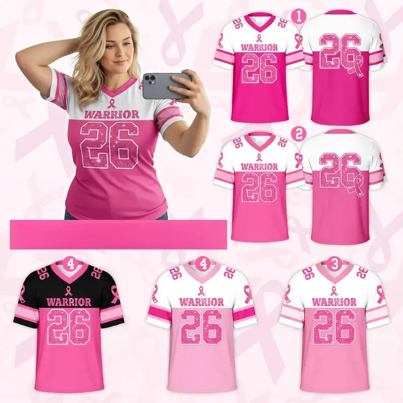 Women's V-Neck Breast Cancer Football Jersey, Pink Fraux Glitter Sports Shirt, Breast Cancer Awareness Game Day Jersey, Gift for Mom