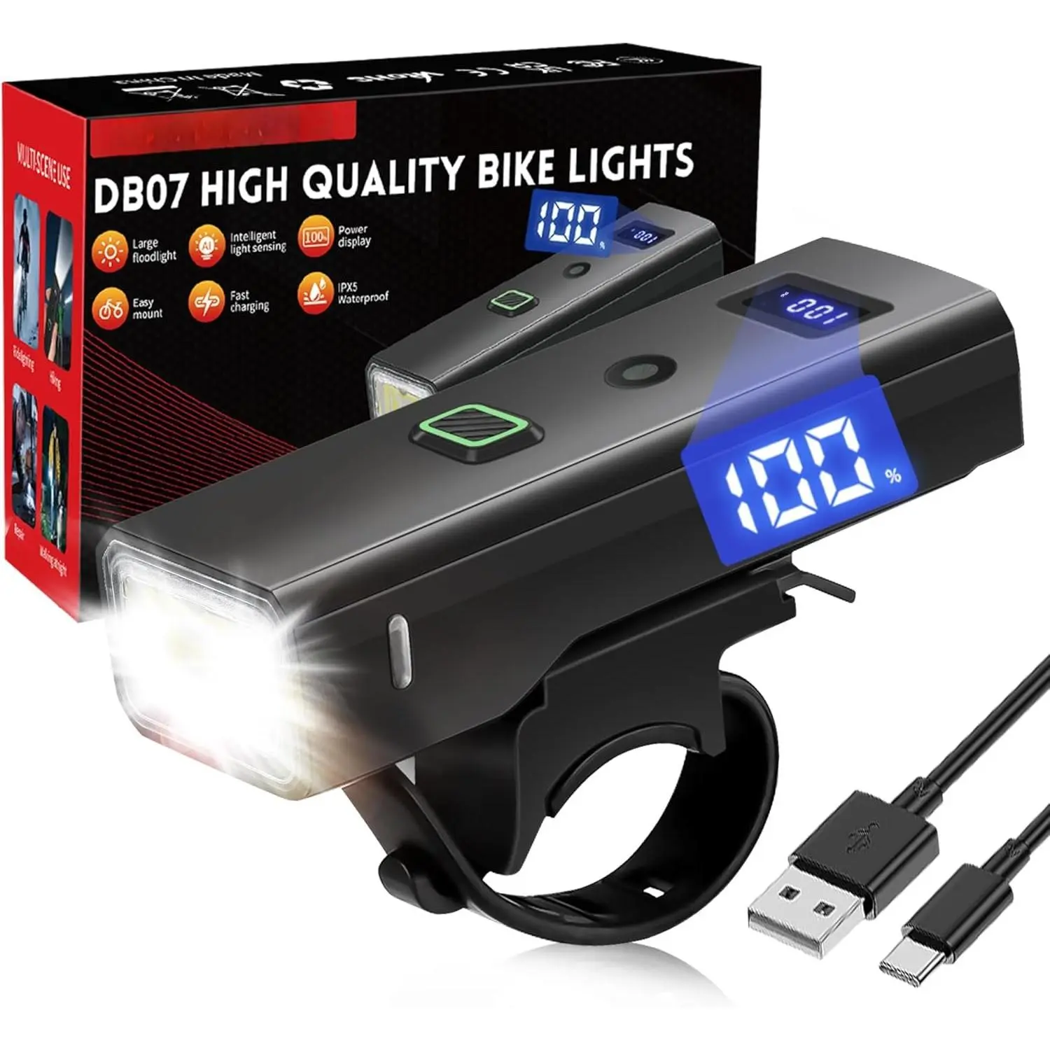 Light Super Bright  Lights Front Only Headlight 4-Mode | High Lumens Rechargeable  Headlights, for Night Riding Cycling, Road, Mountain, Safety, LED Display & Light Sensor