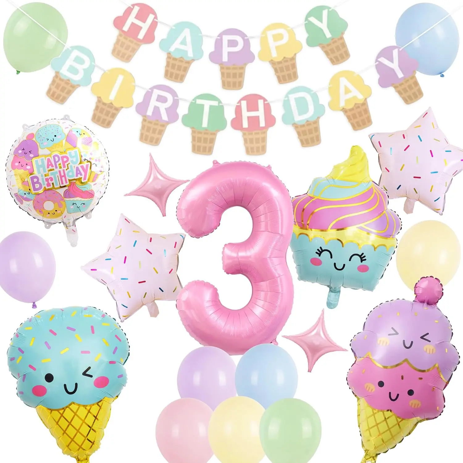 3rd Ice Cream Birthday Decorations - 20pcs Third Birthday Balloons Party Set with Number 3 Balloon Banner, Three Ice Cream Decoration Birthday Balloon for Girls Party Supplies