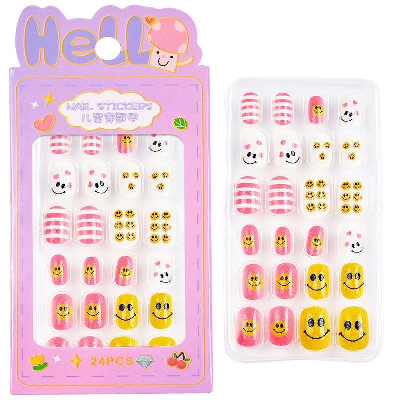 24Pcs/Box Children False Nails Kids Cartoon Girl Press on Nail Short Artificial Fake Nail Safe Full Cover Acrylic Nail Tips Kits