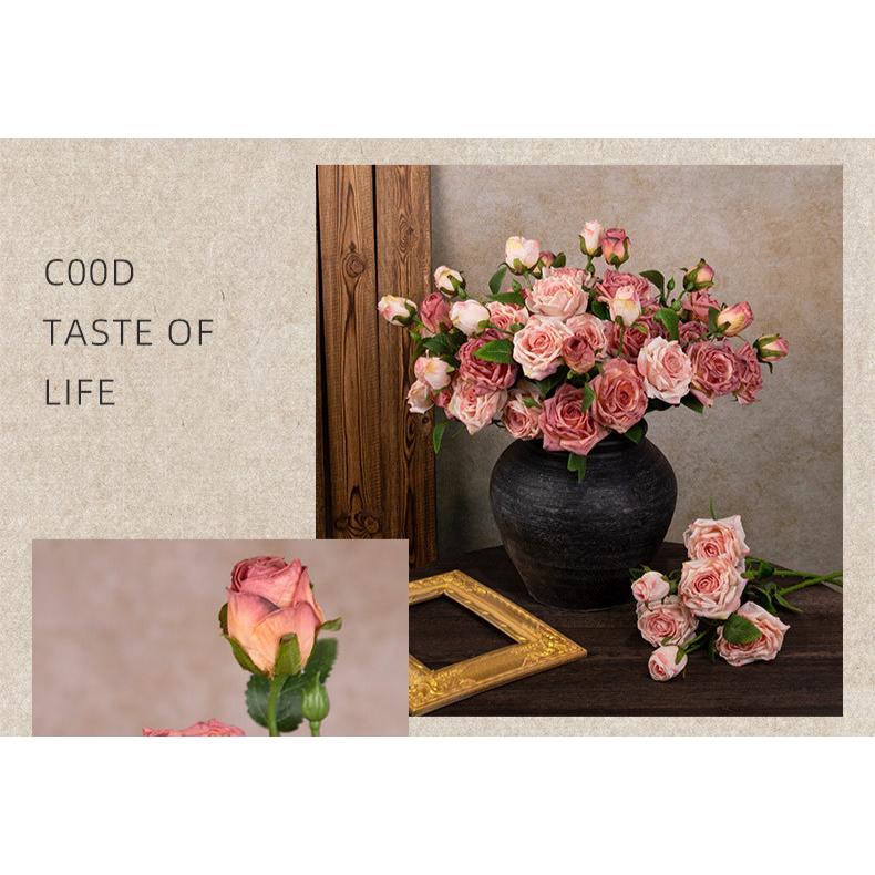 French Style Artificial Single Branch 3-Head Burnt Edge Rose Vintage Home Living Room Decoration Fake Dried Flower Bouquet High-End Feel