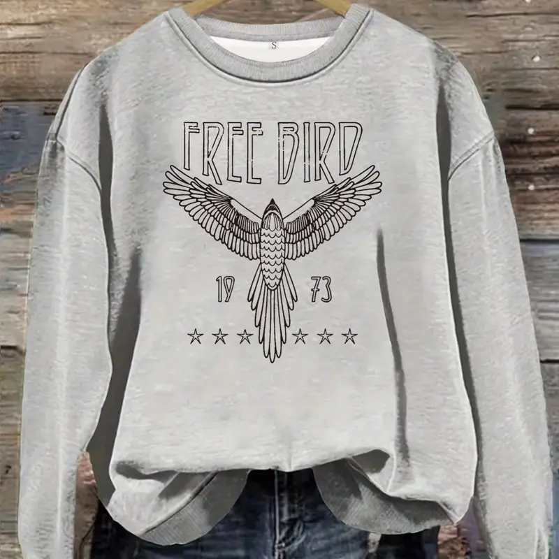 Women's Fall Winter Casual Long Sleeve Round Neck Eagle Print Pullover Fleece Sports Shirt, Loose-Fitting H-Type Graphic Top