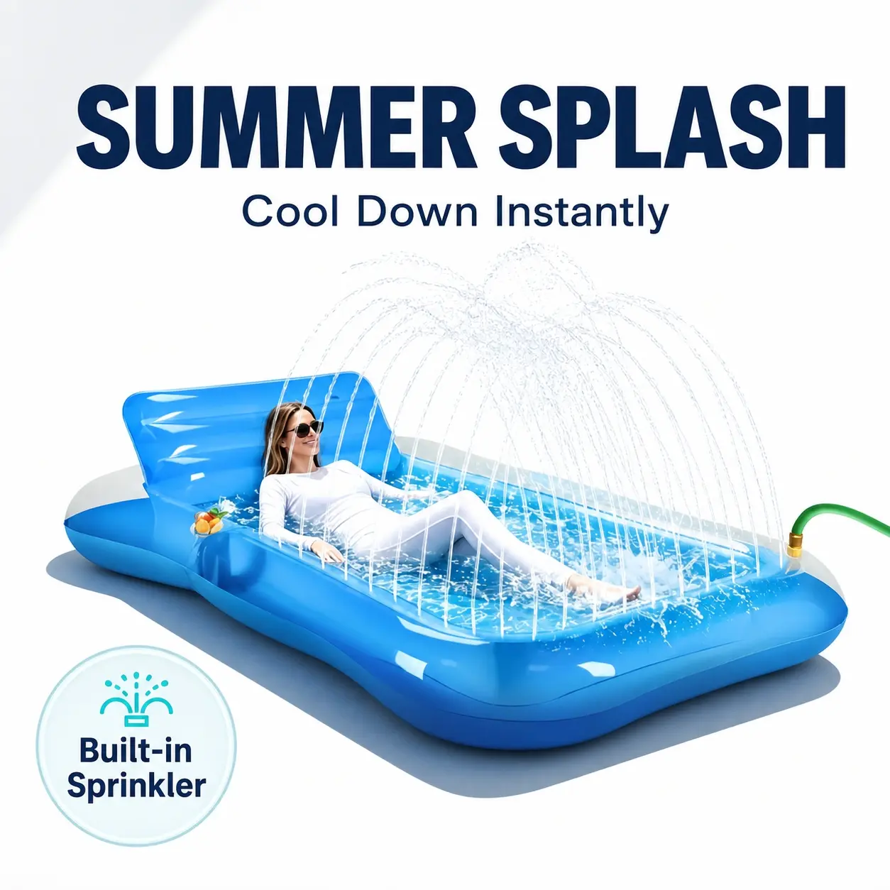 Inflatable Sunbathing Pool Lounge Chair, Adult Extra Large Water Float Bed, with Pillow and Drink Rack, Splash Feature, Waterproof Design