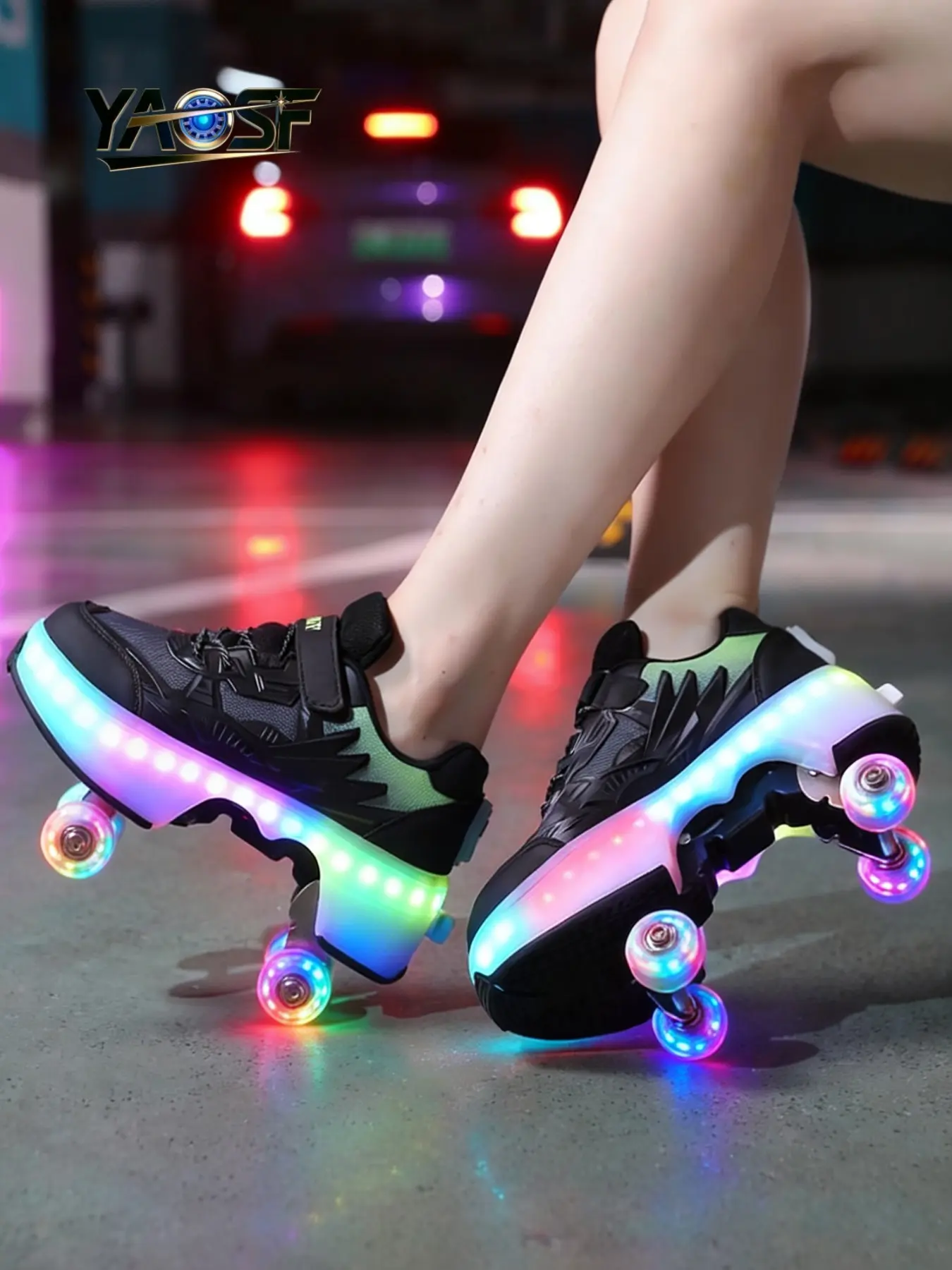 Kids Quad Heelys with Glowing Wheels, Breathable Outdoor Roller Skates for Boys & Girls, Multiple Light-Up Shoe Modes
