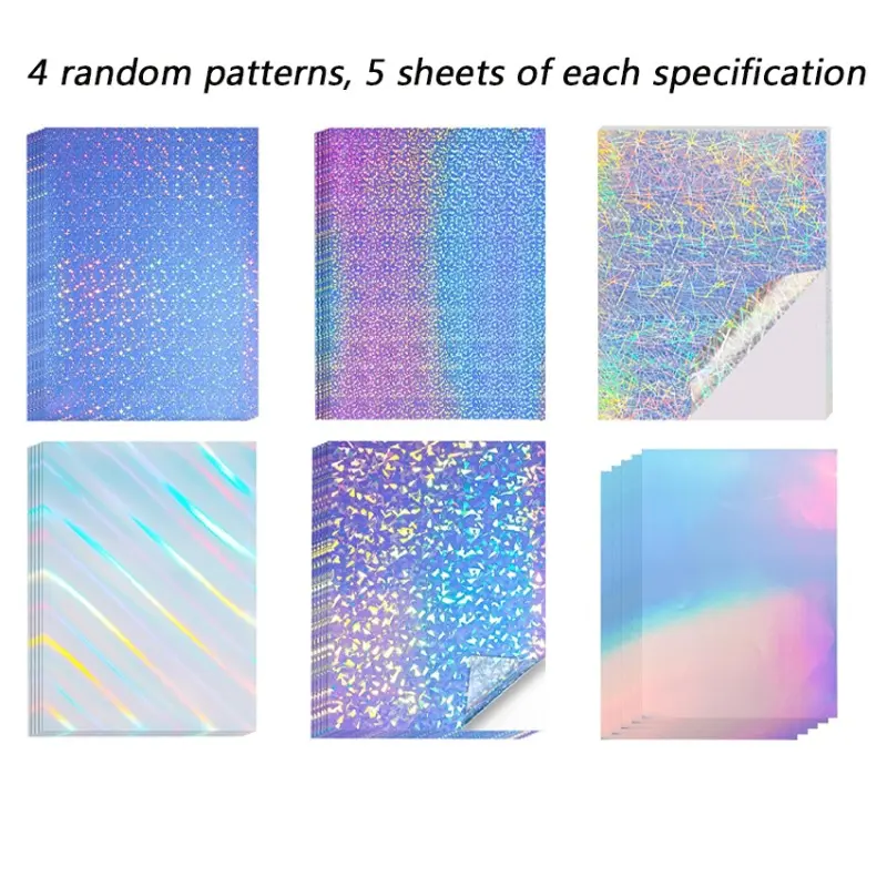 20 sheets of printable A4 holographic laminated vinyl stickers. Inkjet printable holographic laser stickers with random patterns (8.5 x 11in)
