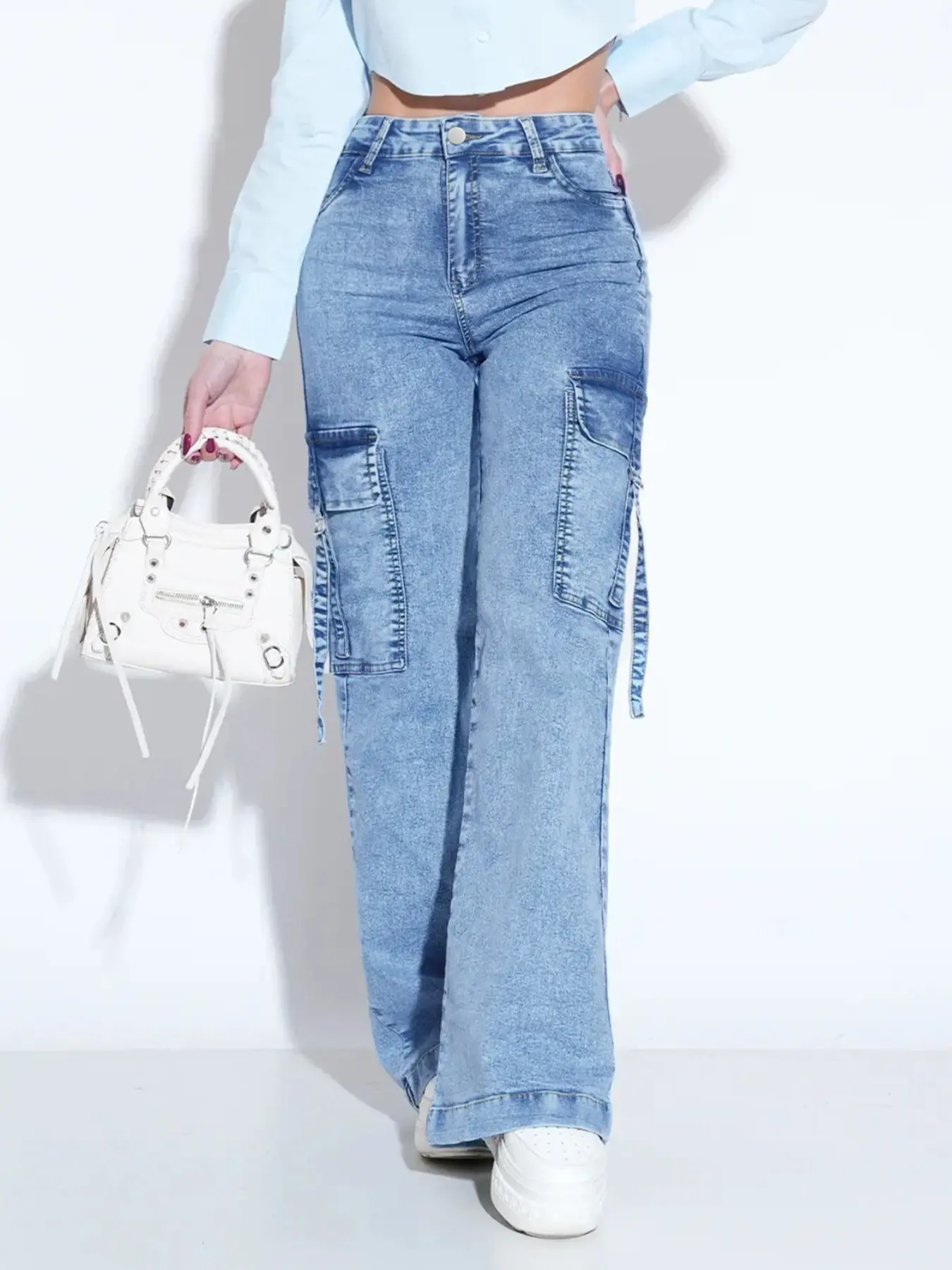 Women's Light Blue Washed Side Tie Workwear Wide Leg Jeans, 3D Pocket Design, Loose-Fit Straight Leg Long Pants, Casual Style