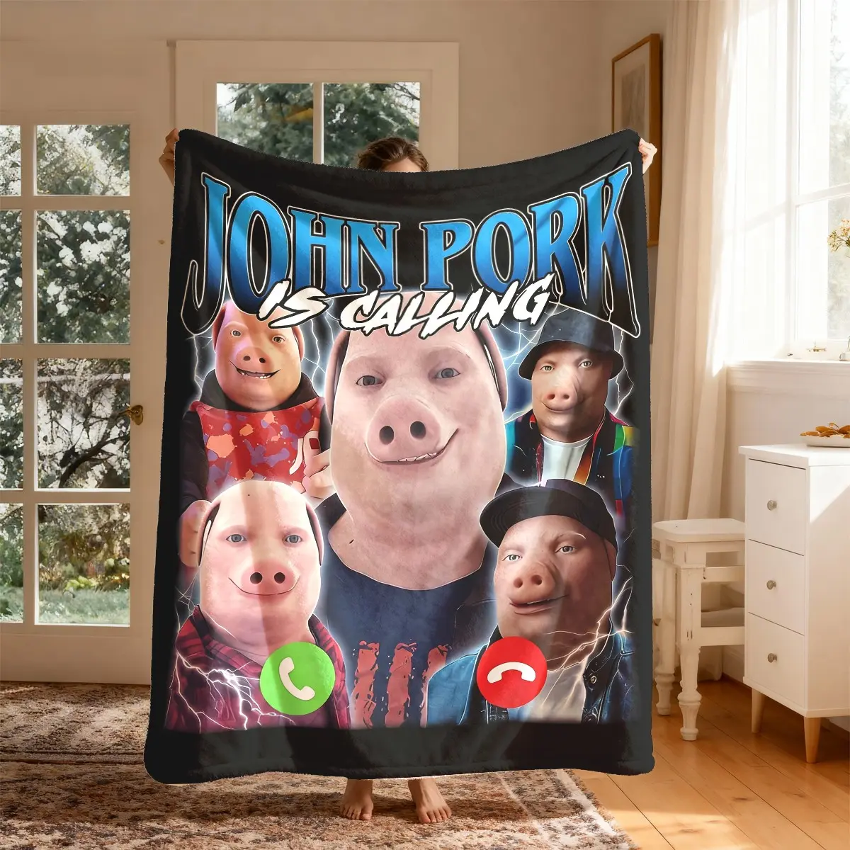 John Pig Funny Print Flannel Blanket, Large Size, Soft and Lightweight, Perfect for All Seasons, Ideal for Bed, Sofa, Office, Camping, Travel