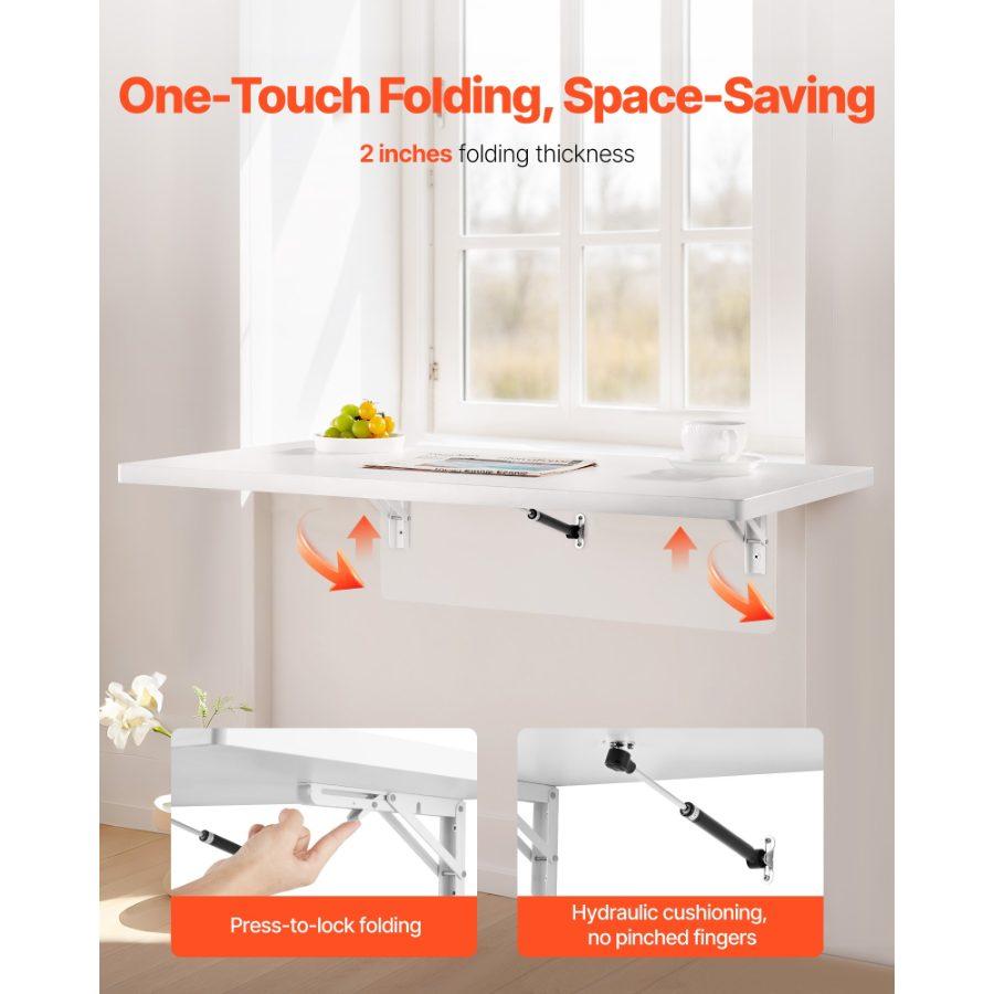 VEVOR Wall Mounted Folding Table, 35.4x 19.7 inches Wall Mount Table, Floating Desk with Iron Bracket, Fold Down Desk for Small Spaces, Home Office, Dining, Laundry Room, Kitchen, Bar, White