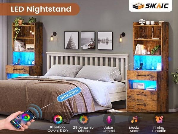 Sikaic LED Tall Nightstand with Bookshelf Brown Multifunctional Console Table Modern Corner Vanity Modern Furniture