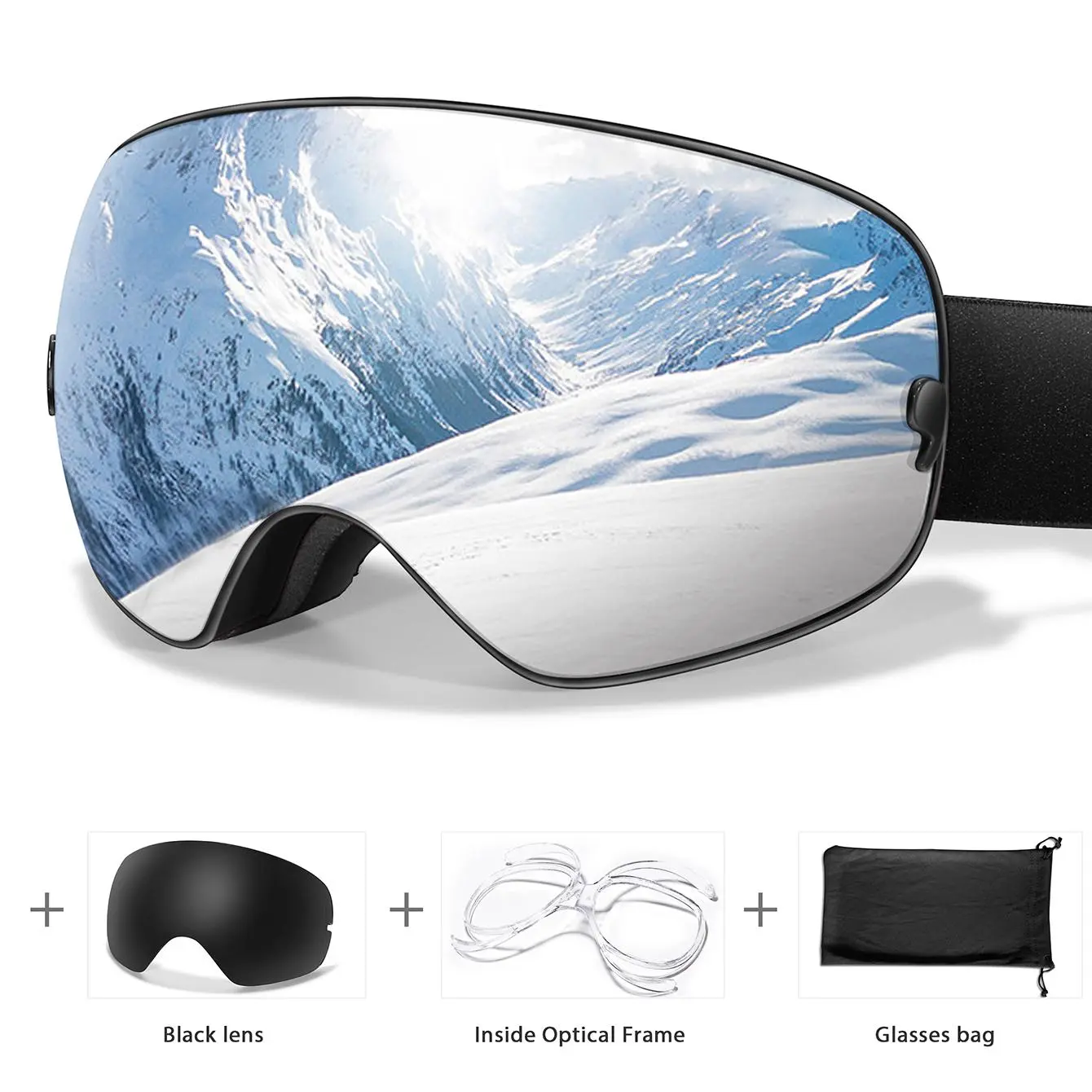 Men's Rimless Spherical Ski Goggles, UV400 Protection Anti-Fog Lens, Rubber Frame with Bonus Lens & Optical Frame, Windproof Sports Eyewear for Skiing & Outdoor Multi-Sports