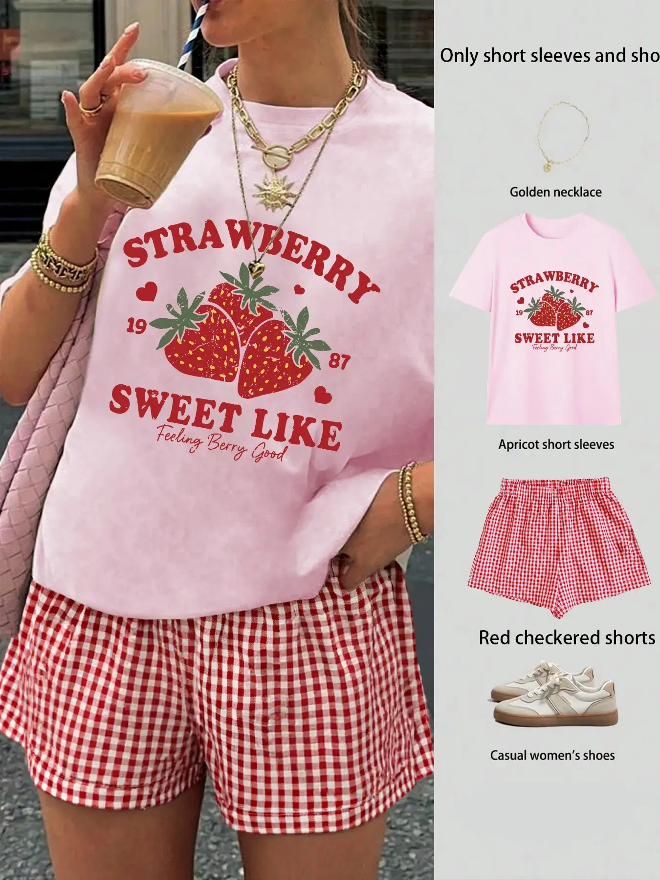Women's Vacation Set, Vintage Strawberry Print Round Neck T-Shirt + Checkered Shorts, Casual Home, Comfortable Daily Wear, Fashionable Women's Design