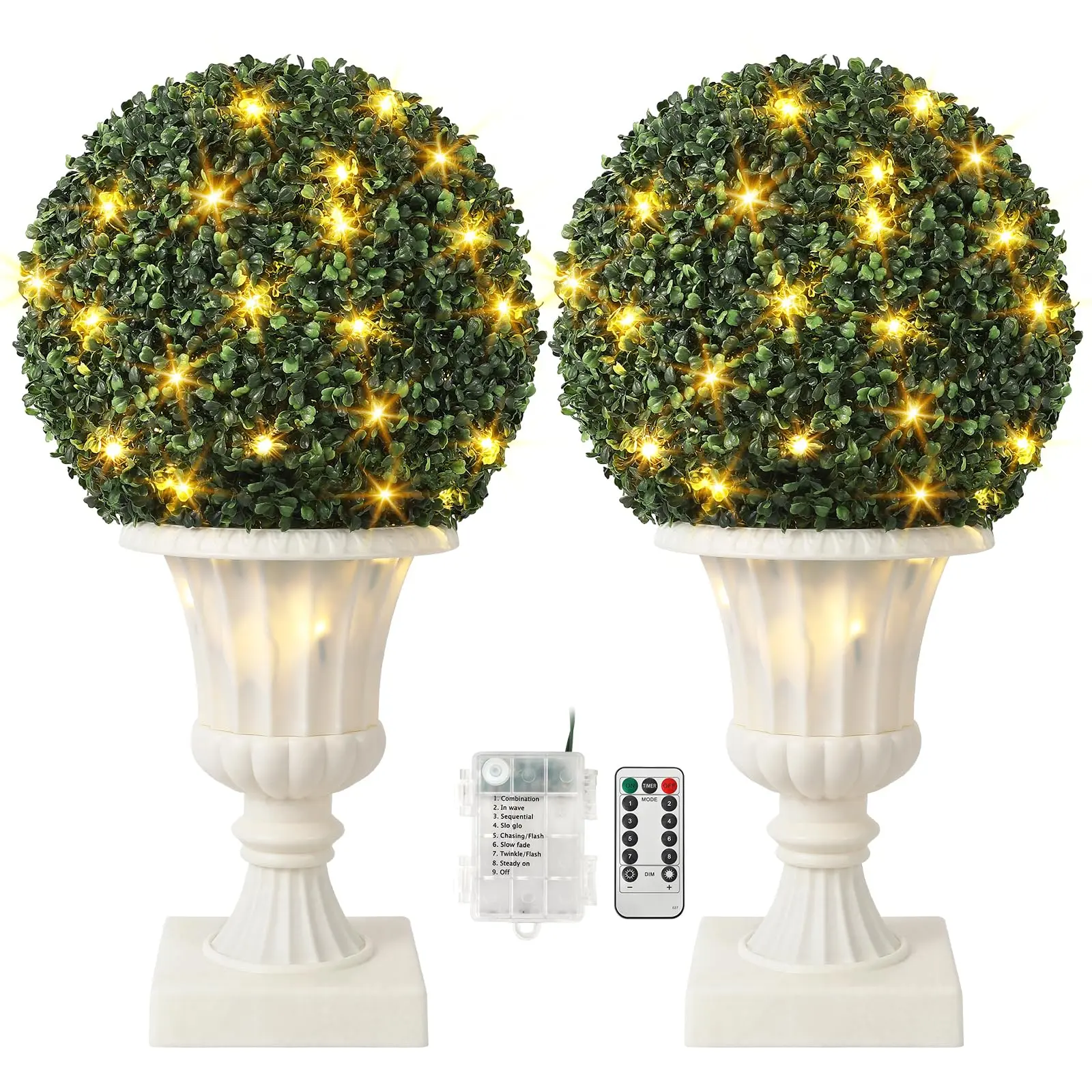 16 in Classic Pre-Lit Artificial Boxwood Topiary Balls (Set of 2) - Safe Floral Decor with 8-Mode LED Bulbs, Antique Copper Pots, Remote Control, Automatic Shut-Off, Battery-Operated, UV-Resistant, Indoor/Outdoor Use (Batteries Included), Wireless, Plasti