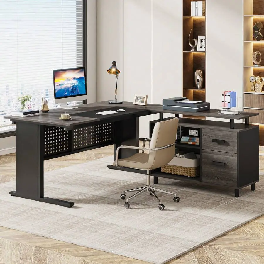 63-Inch L Shaped Executive Desk with Metal Base, File Cabinet, Drawers, Storage Shelves - Commercial Office Furniture Workstation for WFH Setup, Home Setup, Gray & Black - Durable Drawers and Shelves Desks & Workstations, L Shaped Desk, Built-In Shelving
