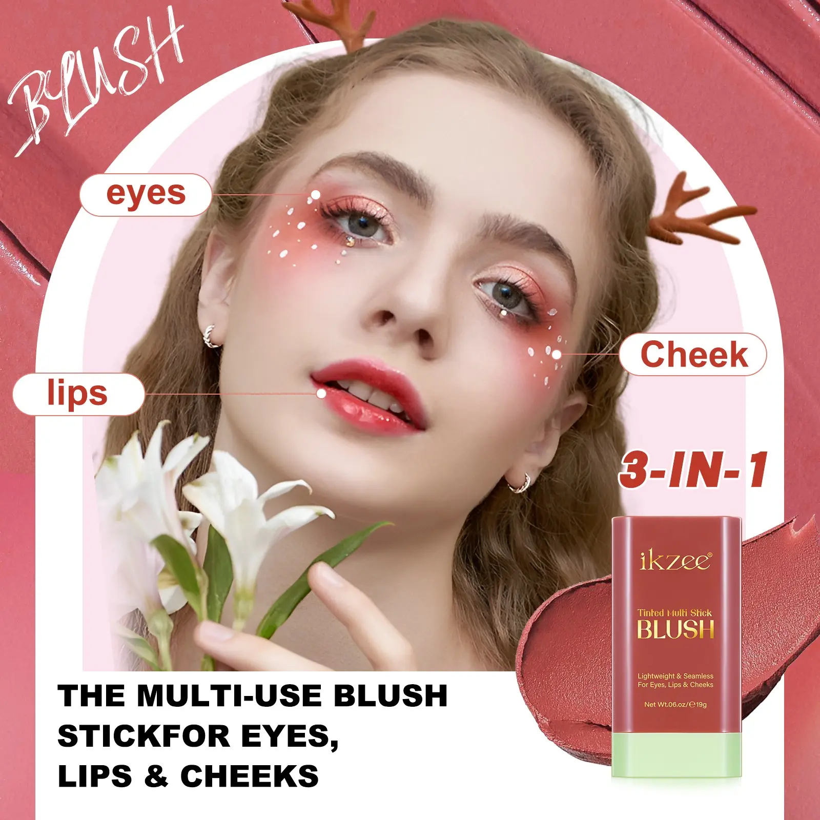 Ikzee Multifunctional Blush Stick (6 Colors), Eye Lip Cheek Trio, Lip and Cheek Tint, Rotating Design, Smooth Texture, Lightweight, Portable Packaging, Everyday Versatile Makeup