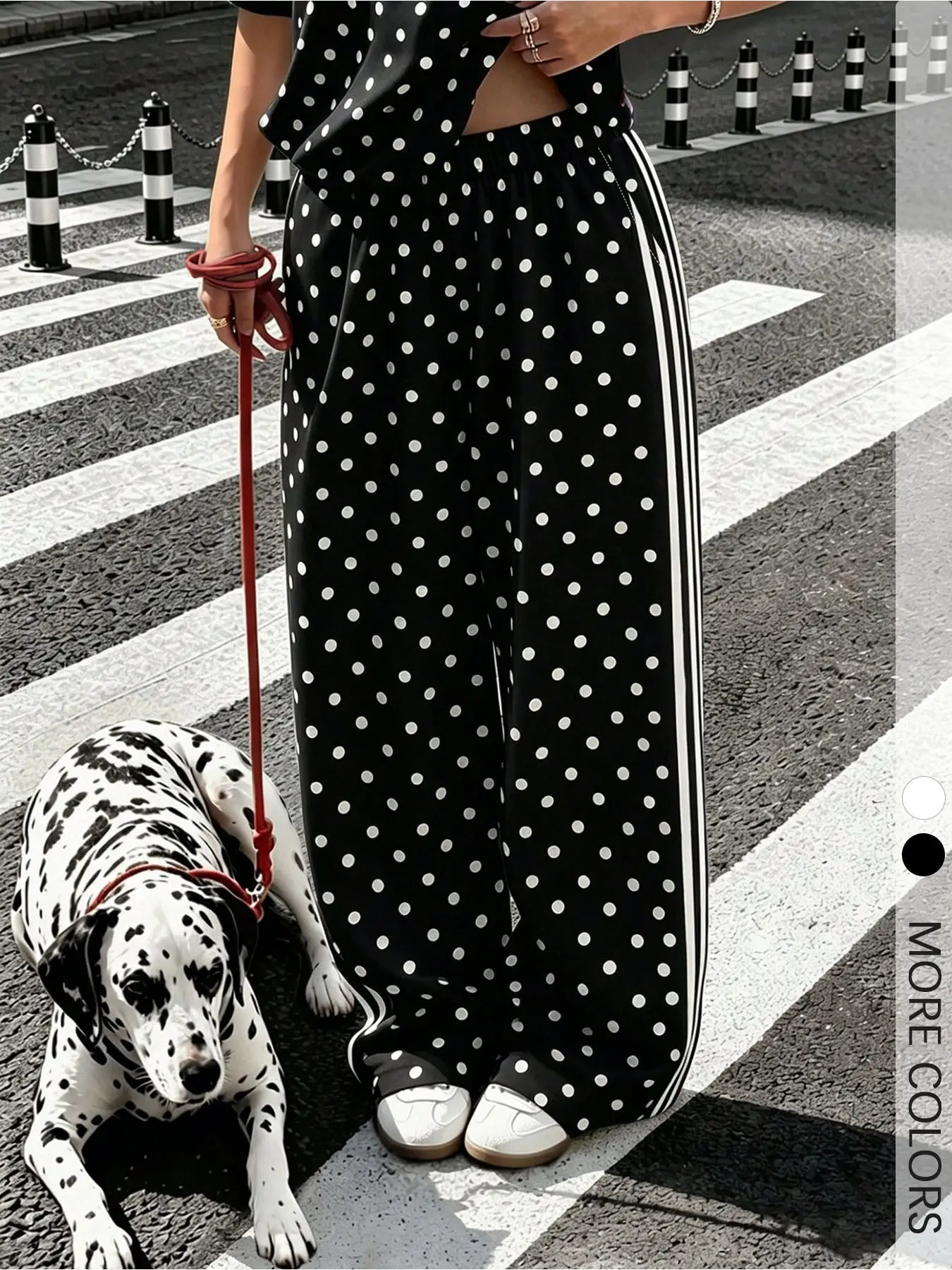 Women Black Polka Dot Wide Leg Pants, Side Stripe Loose Drawstring Trousers, Soft Casual Bottoms, Casual Chic Trousers, For Street Walking Daily Vacation