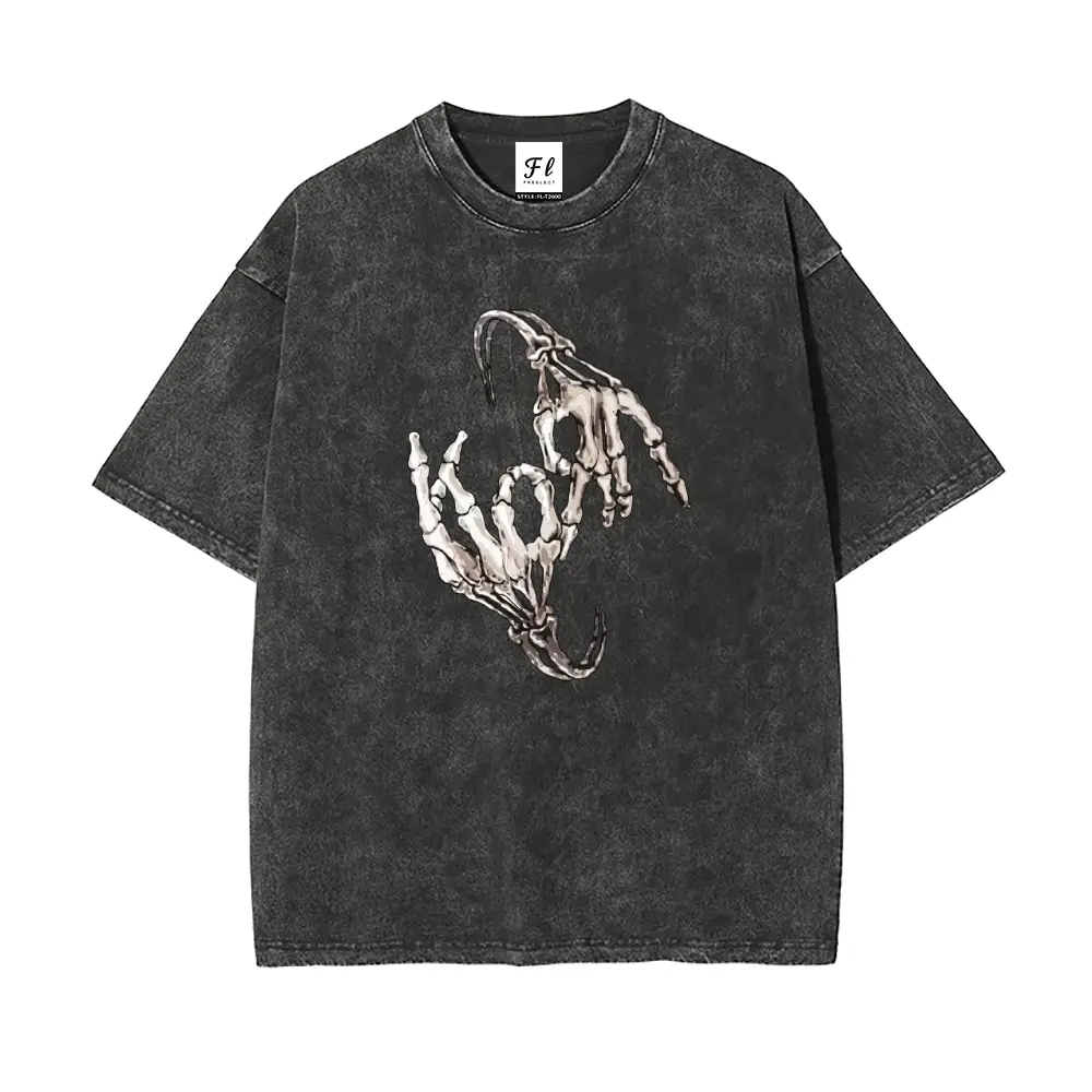 Skeleton Hands Graphic Shirt Gothic Washed Distressed Vintage Dark Aesthetic Short Sleeve Crew Neck Top Cotton Tee Casual Y2K Streetwear Apparel Menswear Unisex