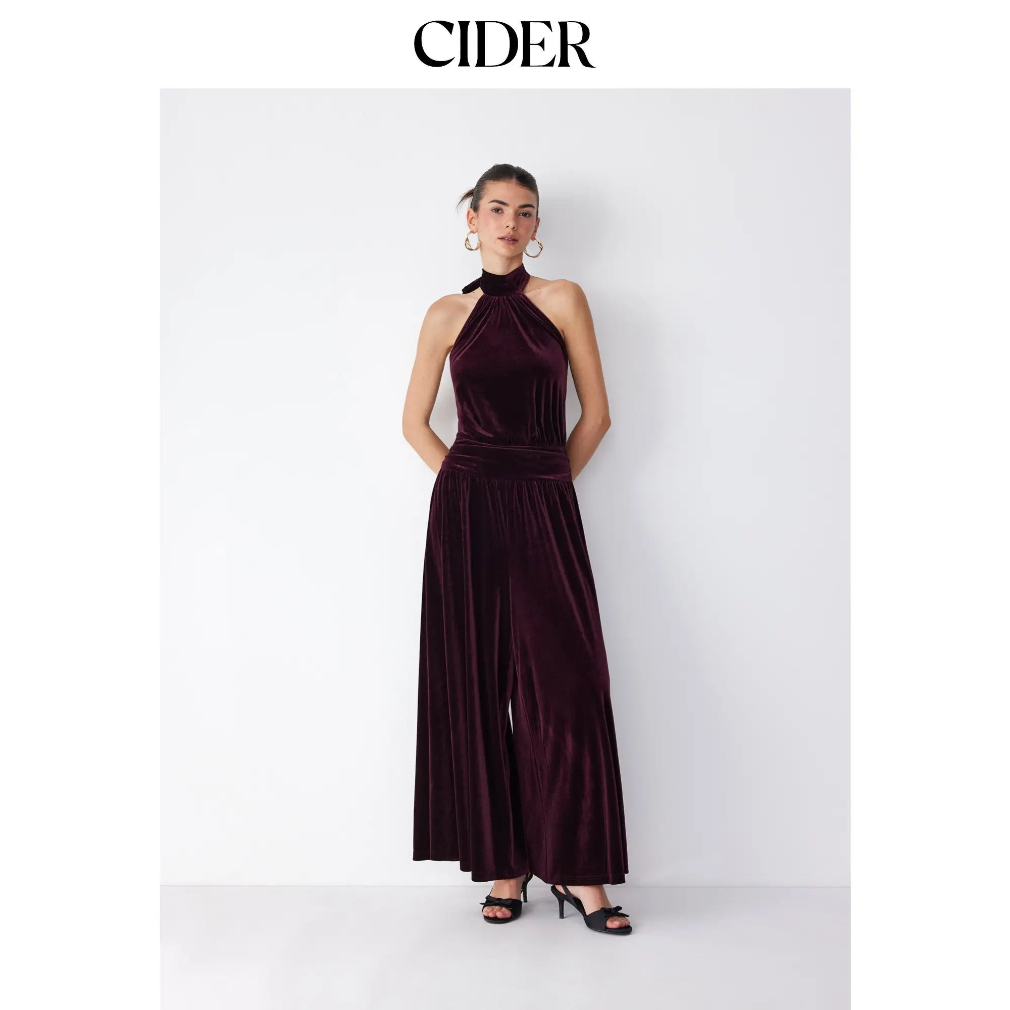 Cider Velvet Halter Neckline Ruched Mid Rise Wide Leg Jumpsuit