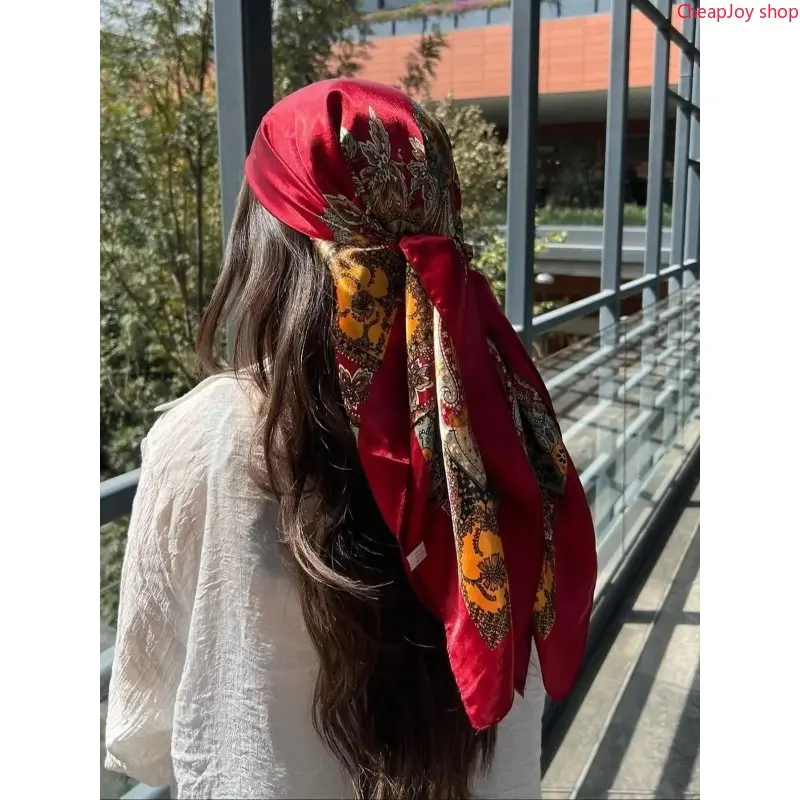 2026 1pc Classic Letter Print Satin Square Scarf, Women Multi Purpose Head Wrap Bandana Neck Shawl, Smooth Silky Hair Scarf Handbag Decor Fashion Accessory