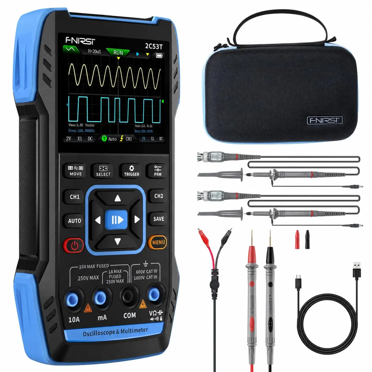 2C53T 3IN1 Handheld Oscilloscope, 50MHz 2CH Automotive Oscilloscope | 250MSa/s Sampling, 19999 Counts Multimeter,3000mAh Rechargeable ,Digital Oscilloscope Multimeter DDS Signal Generator