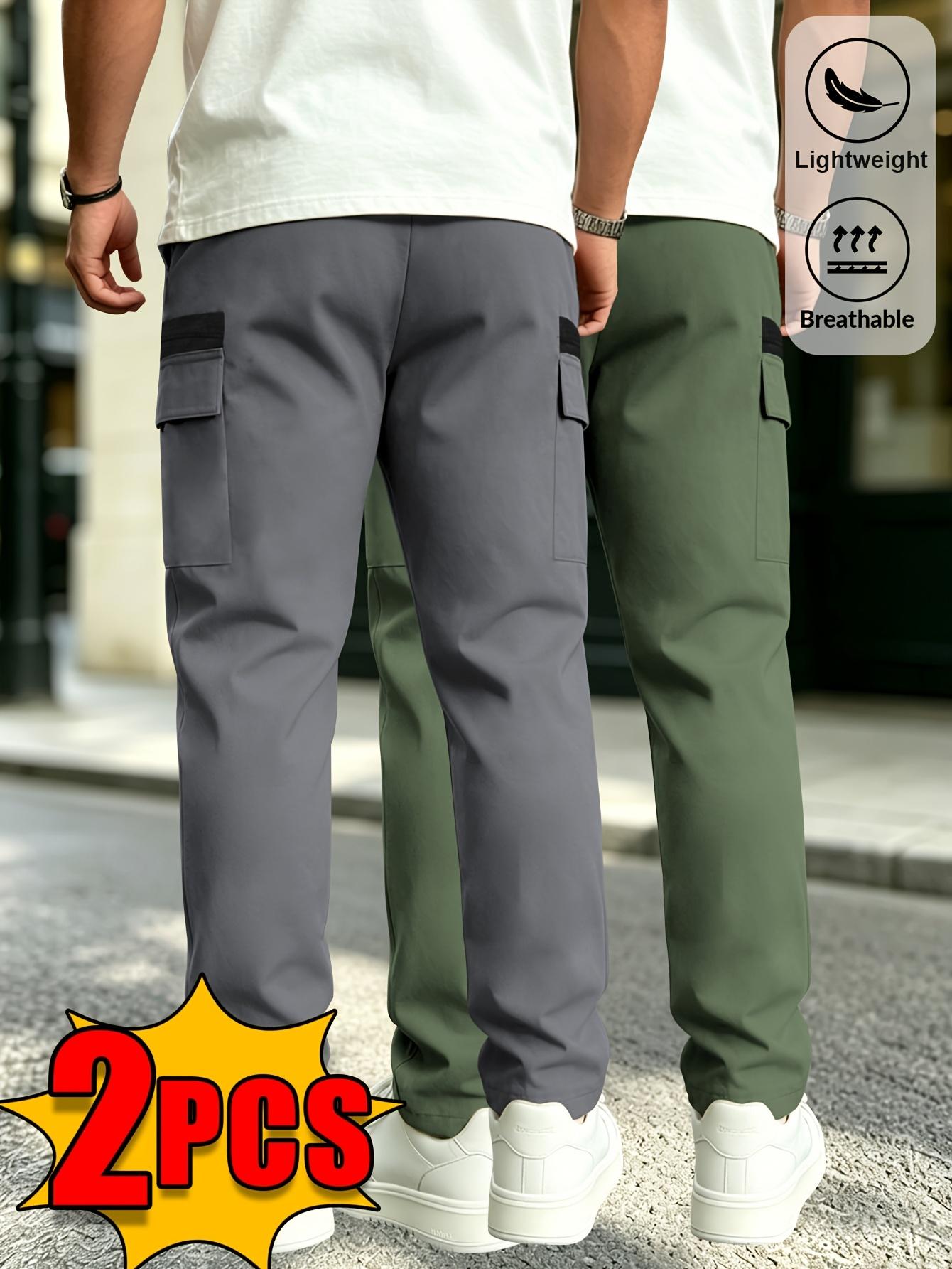 Veiskor Menswear Men’s 2-Pack Simple Basic Loose Polyester Functional Cargo Straight-Leg Pants for Spring/Summer, Elastic Drawstring Waist, Contrast Color, Side Zipper Pockets, Lightweight Breathable, Versatile Casual for Outdoor Activities, Commuting, Ca