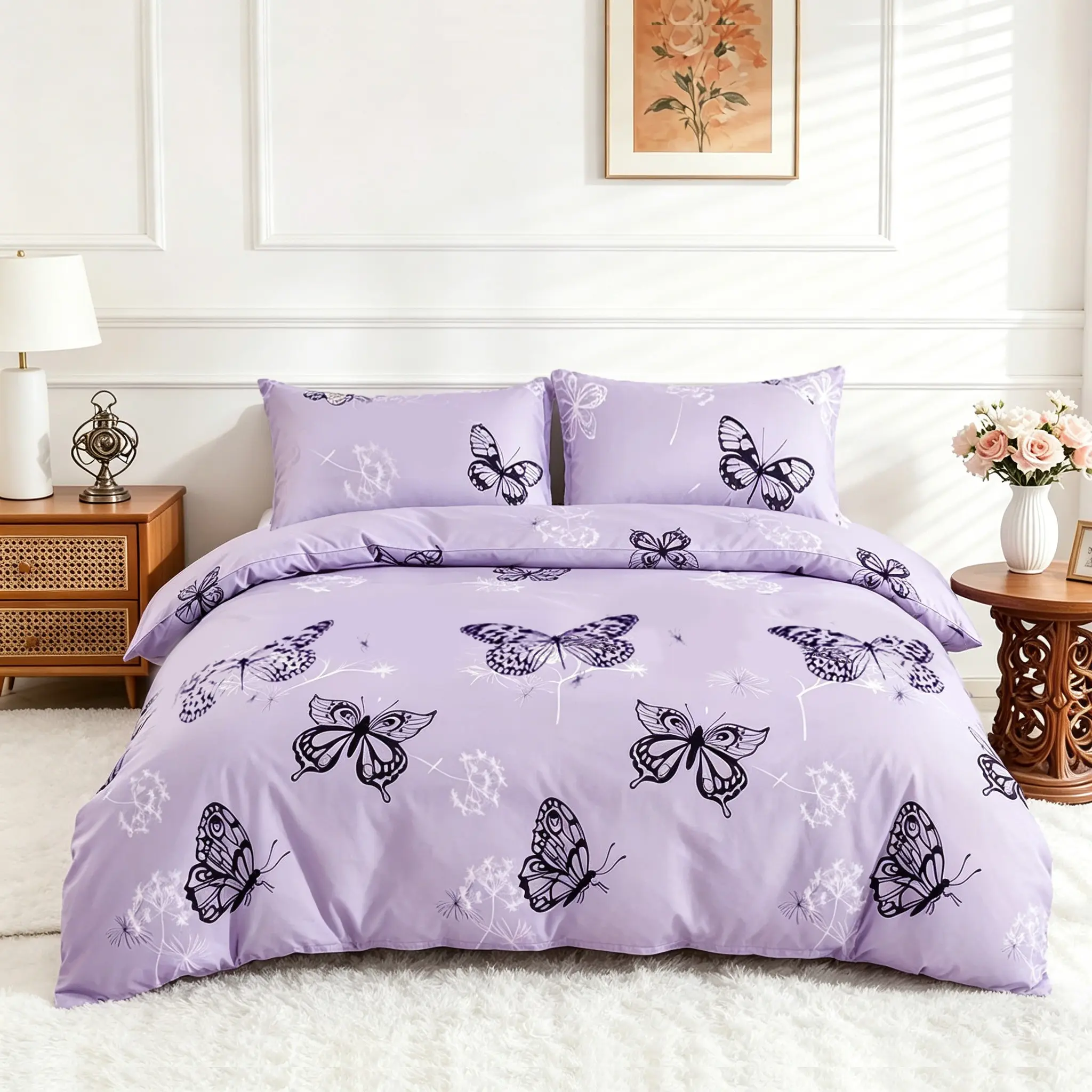 3-Piece Purple Romantic Butterfly Printed Bedding Set, 1 Duvet Cover + 2 Pillowcases, No Inserts , Soft Cozy Fabric, Multiple Sizes Available, Ideal Gift for Girls & Women