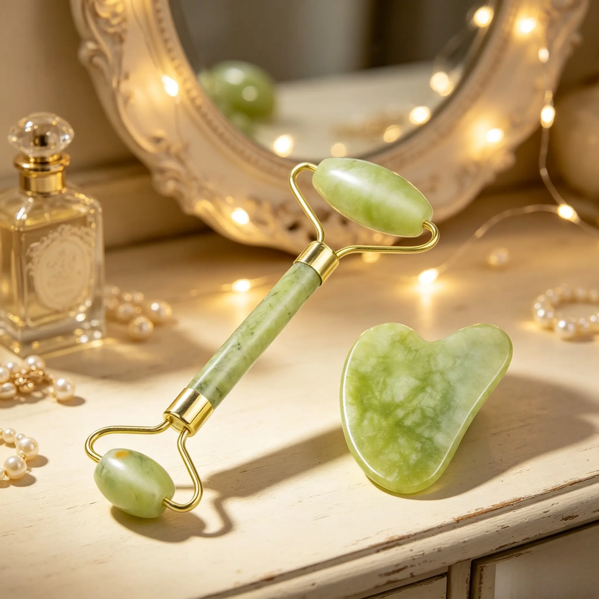 At-home SPA jade massage 2-in-1 set, jade roller matched with gua sha. Warm jade eases skin tension and facial puffiness. Helps contour skin, beginner friendly, ideal beauty set for personal use and gifting.