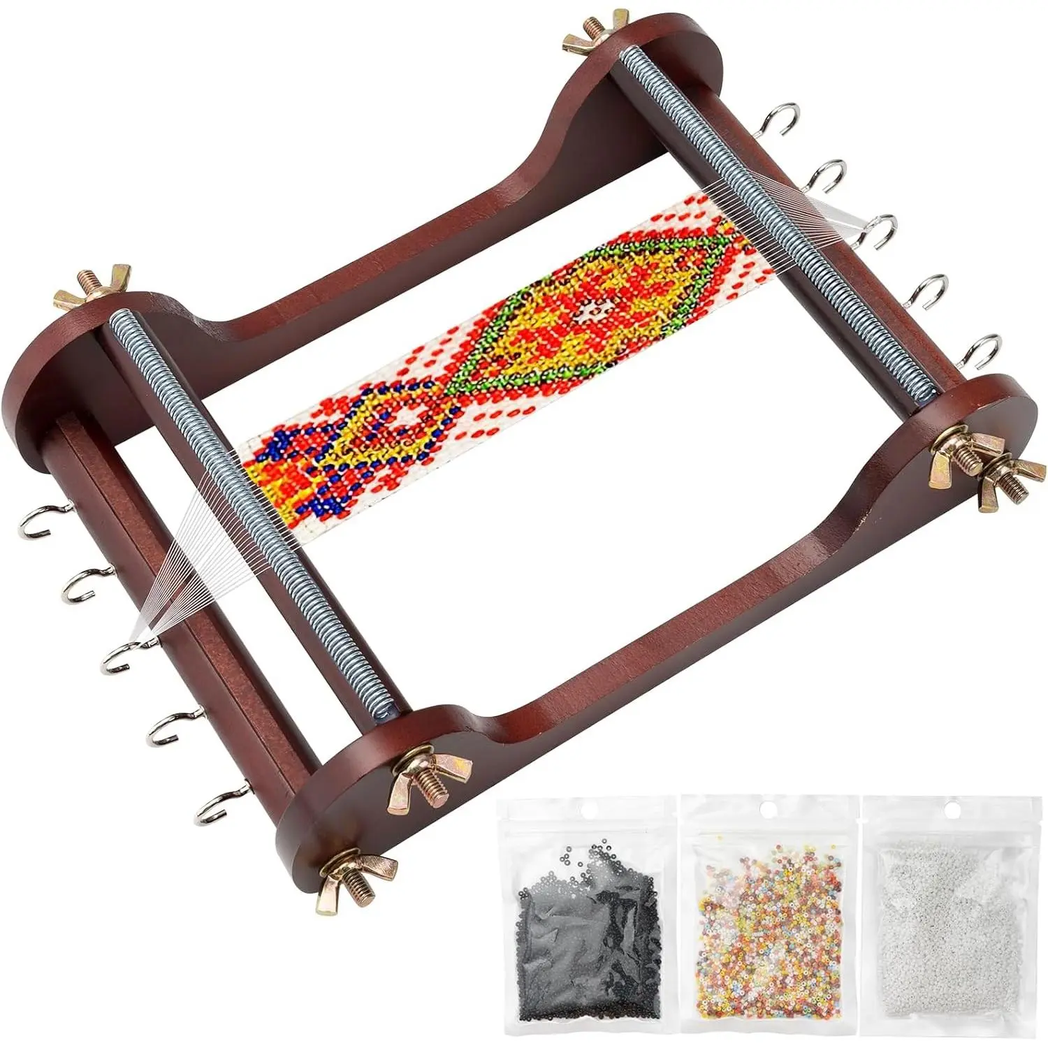 Wooden Bead Loom Kit, Jewelry Making Bead Tools with Threads Tweezers, 3 Bags of Beads for DIY Jewelry Making