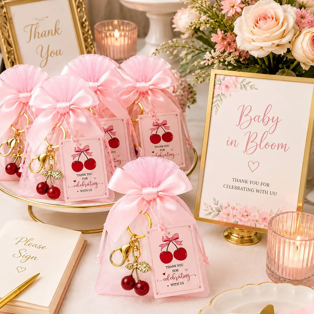 24 Pcs/8 Sets Baby Shower Favors for Guests, Red Cherry Keychains with Pink Organza Bags, Satin Bows and Thank You Cards, Baby Girl Shower, Birthday, Bridal Shower, Baptism and Christening Favors