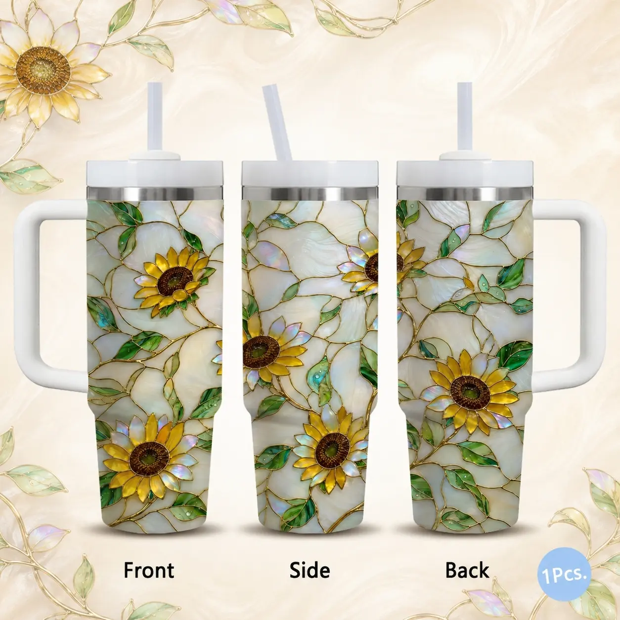 Stained Glass Sunflower Vacuum Flasks 40oz Stainless Steel Vacuum Insulated Tumbler with Handle & Straw | Long-Lasting Cold & Heat Retention, Leak-Resistant | For Iced Coffee, Water, Office, Gym & Travel