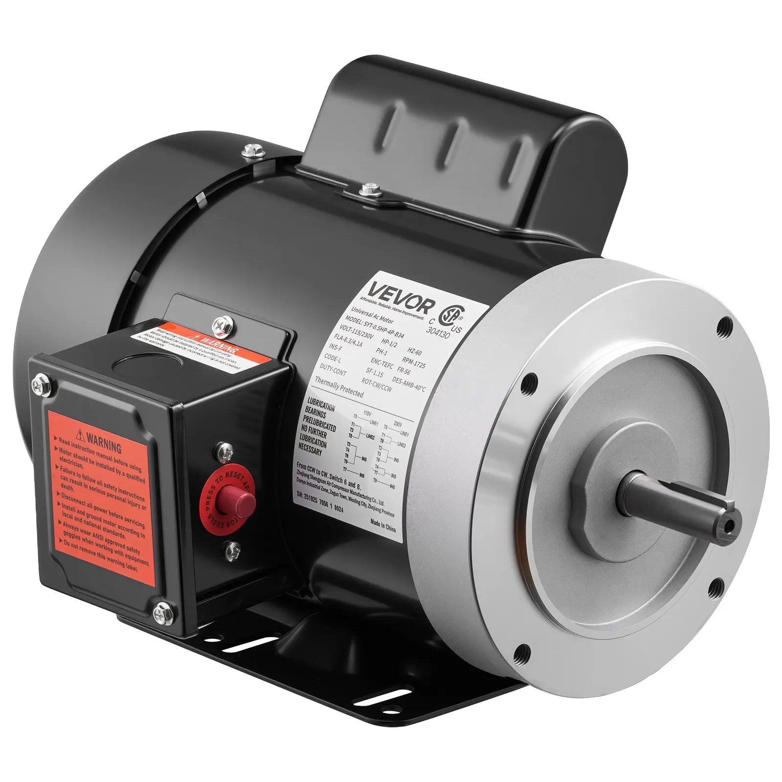 【toolupgrade】VEVOR 0.5 HP Electric Motor, 1725RPM Air Compressor Motor, CW/CCW Rotation, 5/8 inch Shaft Diameter, 1.88inch Shaft Length, 2.07N. m Torque, Single-Phase, TEFC Cooling, 115V/230V, 56 Frame