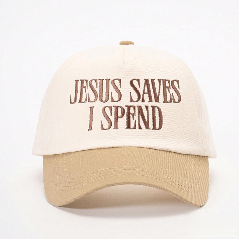 2026 trendy hat, featuring the embroidered "JESUS SAVES ISPEND" pattern, a baseball cap with a contrasting color design, adjustable and unisex unisex hat