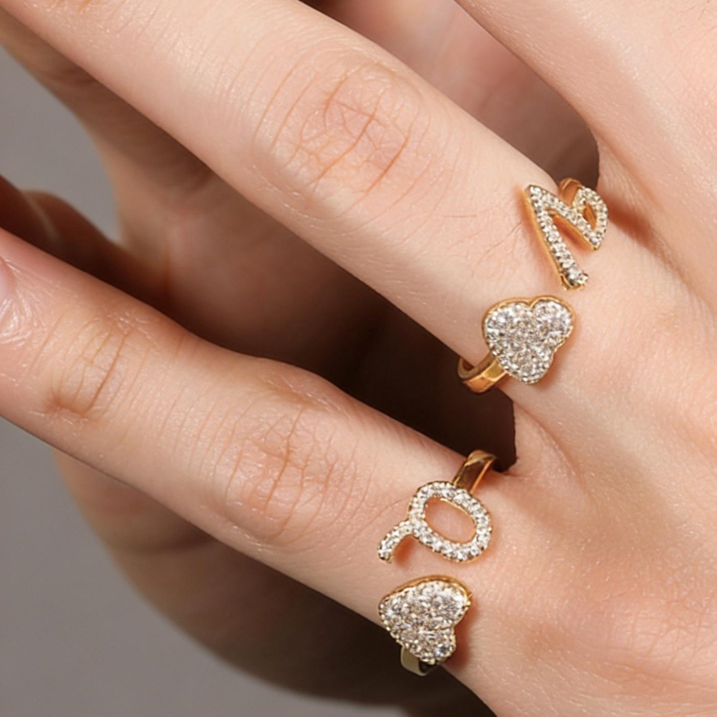 14K Gold Plated Copper Initial Heart Ring for Women, CZ Zirconia Adjustable Open Ring