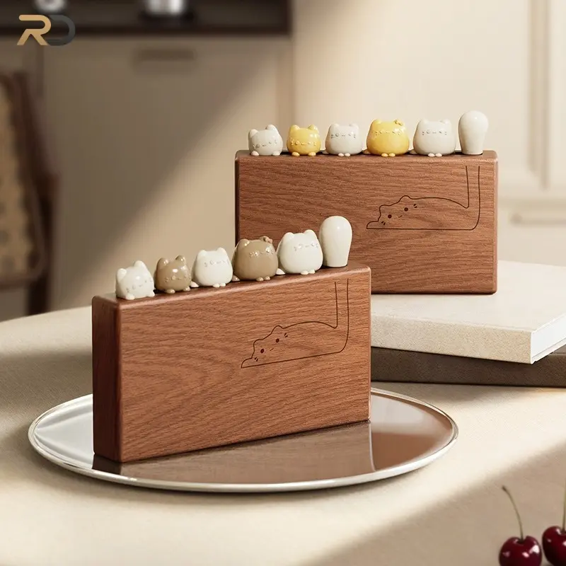 Cat Ebony Wood Fruit Fork Set 304 Stainless Steel Watermelon Mini Forks with Storage Holder Dessert Fork Storage