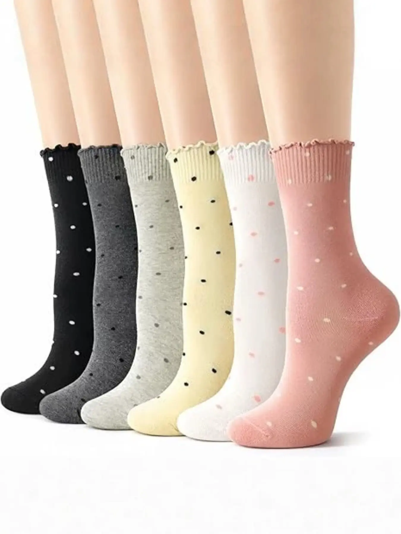 6 Pairs Women's Ruffle Mid-Calf Socks, Casual Polka Dot Lace Cotton Socks, Breathable Cute Girl Socks, Soft Skin-Friendly, Gift for Girls