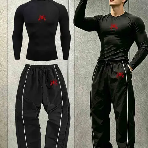 Men's Fitness Two-Piece Set, Spider Shadow Print, Side Line Contrast, High Elasticity Quick-Dry Fabric, Sporty Style, All Seasons, Athletic Sets
