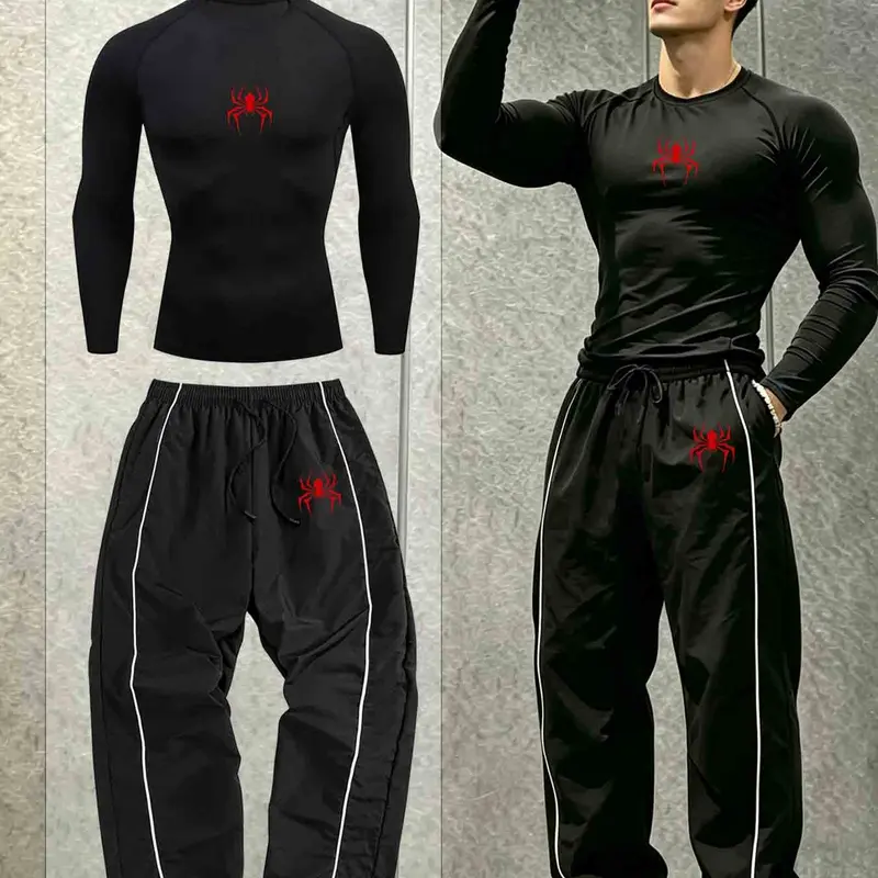 Men's Fitness Two-Piece Set, Spider Shadow Print, Side Line Contrast, High Elasticity Quick-Dry Fabric, Sporty Style, All Seasons, Athletic Sets