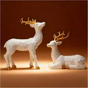 2Pcs Faceted Geometric Resin Simulated Deer Ornaments for Christmas Home Decoration (White)