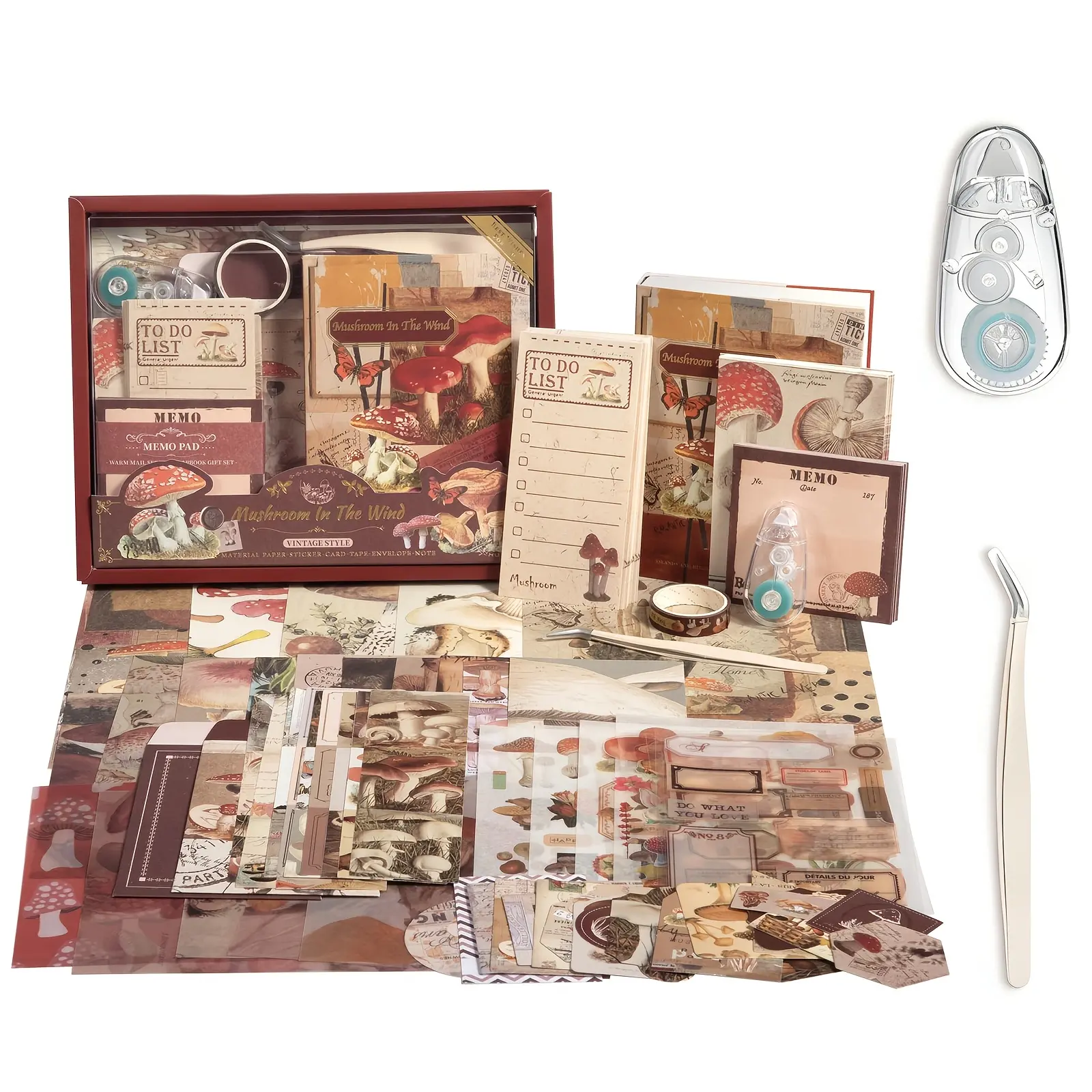 Scrapbook Journal Kit with Glue Tape & Tweezers, Vintage Aesthetic Craft Paper Sticker Set, All-in-One Stationery Supplies for Junk Journal DIY