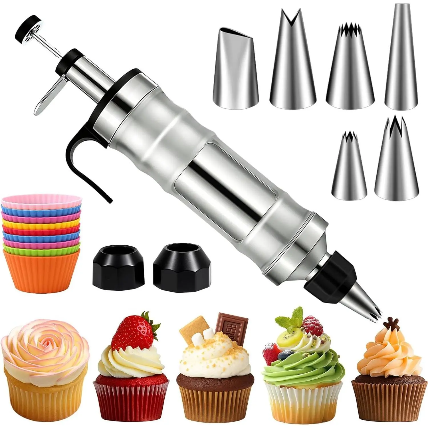 Stainless Steel Dessert Decorating Syringe Set, Icing Piping Cake Decorating Tools with 6 Piping Icing Nozzles for Cupcake Decorating Baking