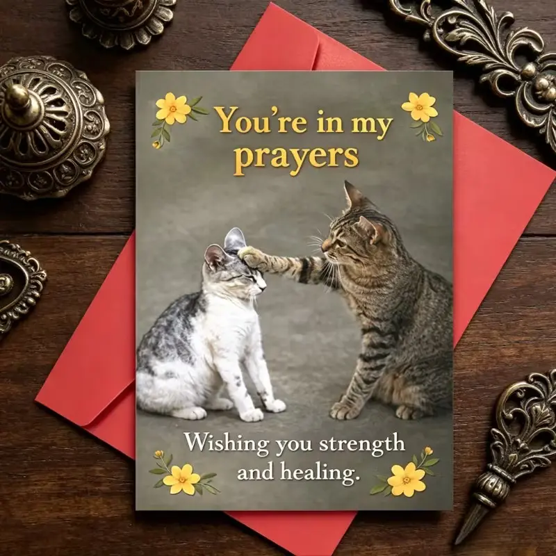 Heartwarming Cat Sympathy Prayer Holiday Greeting Card With Matching Envelope, Comforting Get Well Wish Card, Warm Message For Family & Friends In Recovery, Thanksgiving Christmas Gift