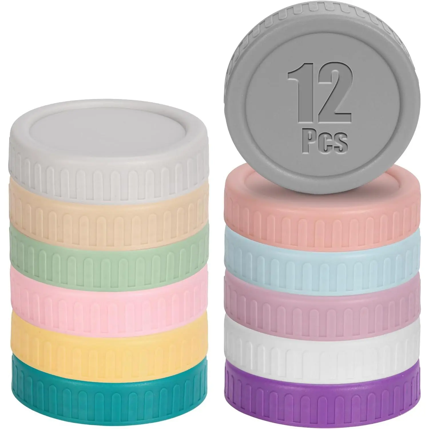 12 Wide Mouth Mason Jar Plastic Lids with Rings, Multi-Color Thick Leak-Proof Canning Lids for 3.38 inch (86mm) Wide Mouth Mason Jars