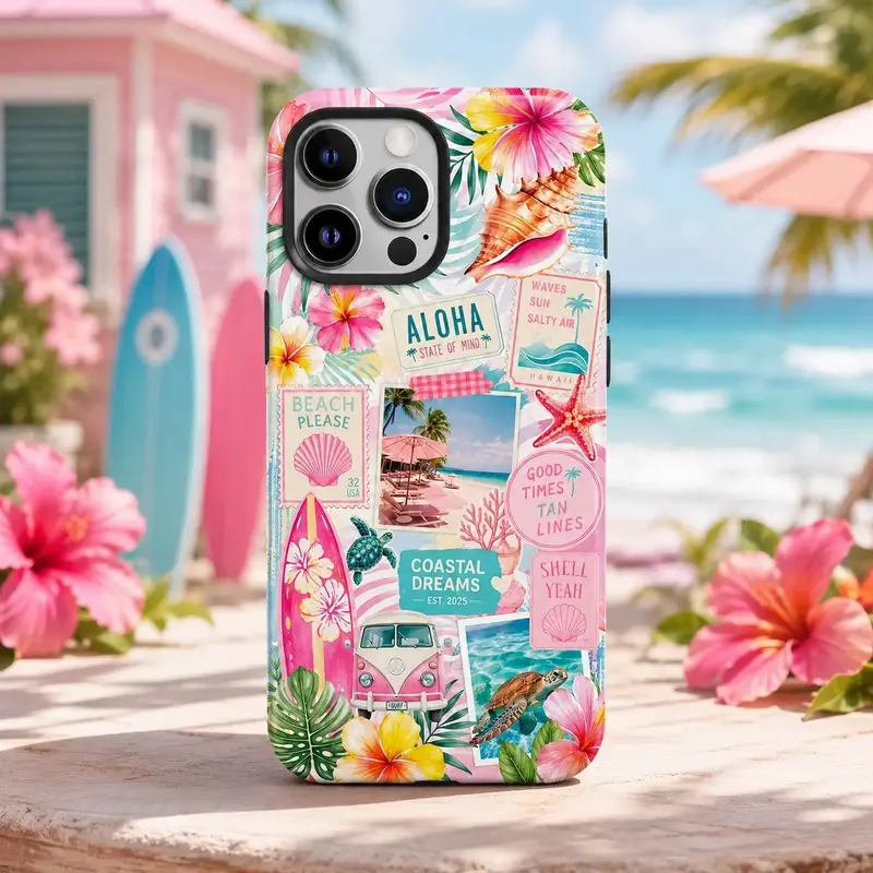 Coastal Collage Phone Case, Tropical Beach iPhone Case, Pastel Seashell Floral Case.